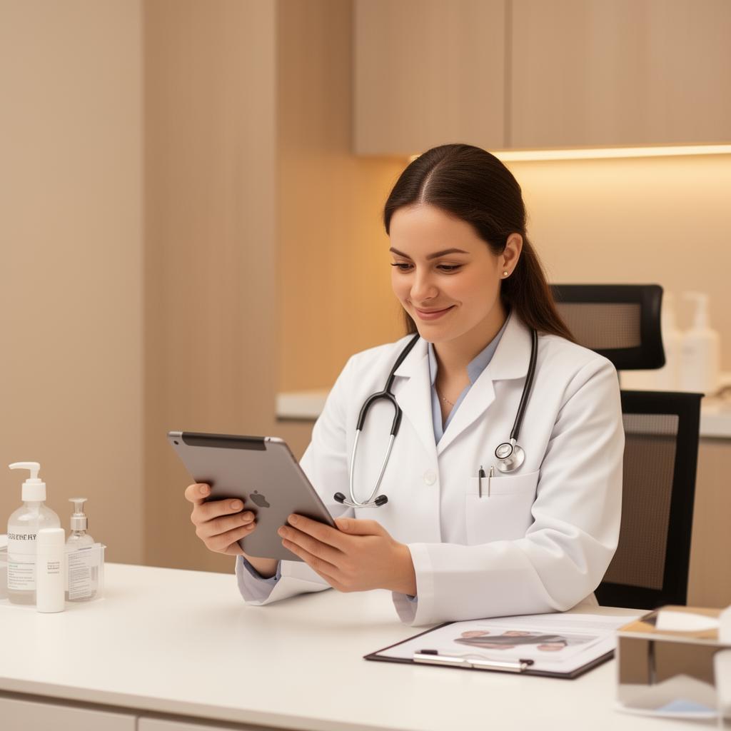 Dermatologist reviewing patient information